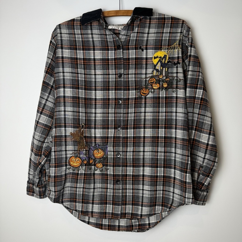 VTG Casey‎ & Max Long Sleeve Button Up Top Halloween Plaid Pumpkins Womens S/M